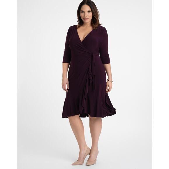 Kiyonna Dress Whimsy Style True Wrap Size 1X Purple Ruffle Hem Feminine Slimming - Picture 8 of 10